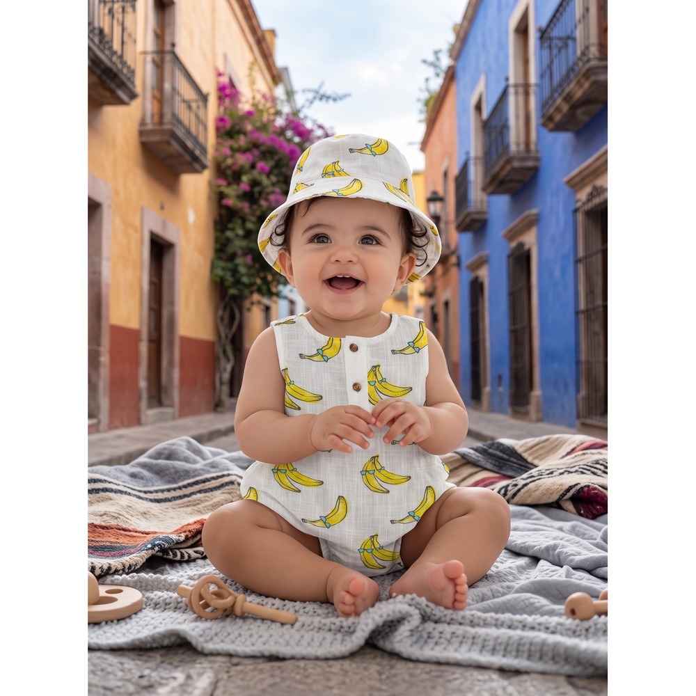 Andy & Evan Banana Print Cotton Gauze Romper and Hat Set Kids 3-6M